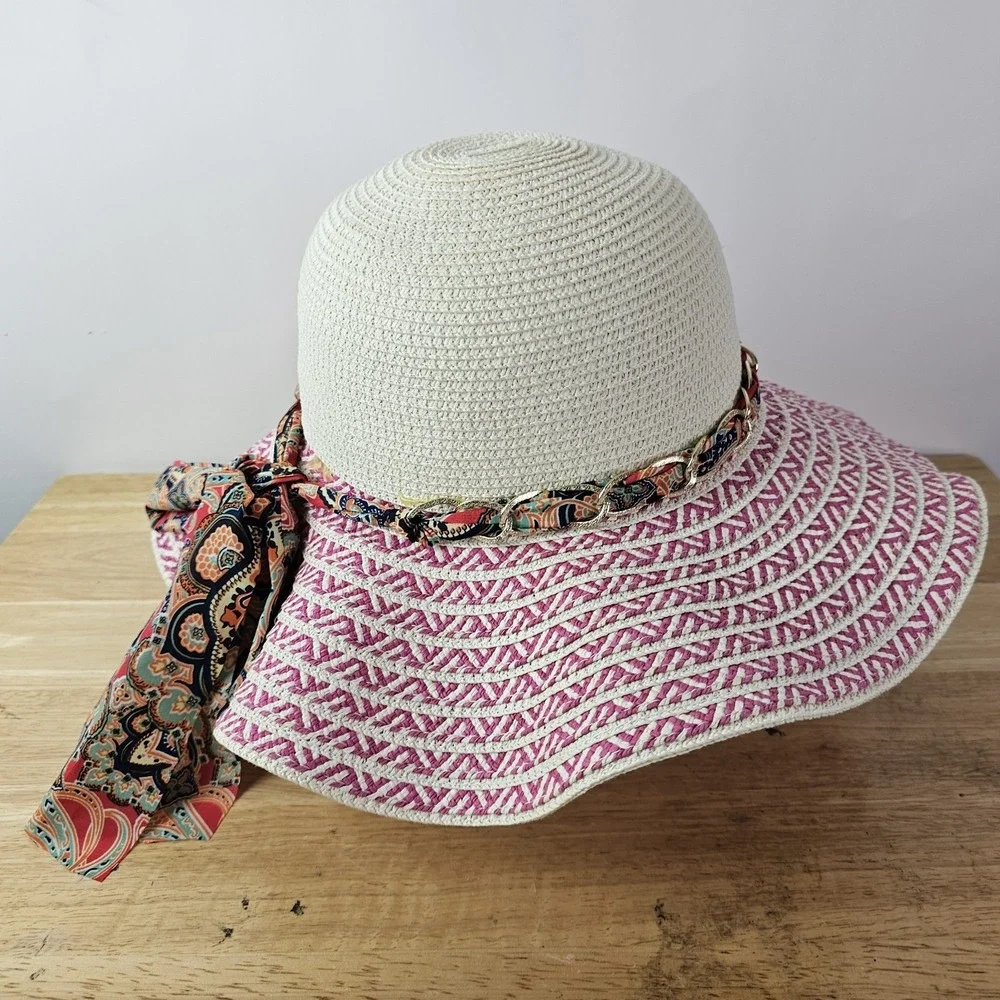Womens Gold Chain Band Paisley Scarf Boho Straw Beach Sun Panama Hat White Pink‎
